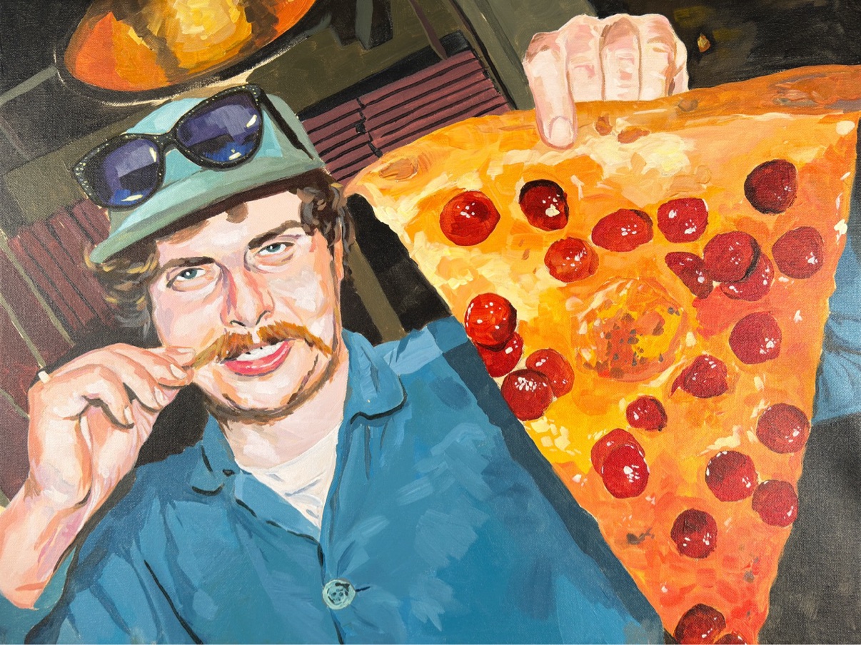 Oil painting, portrait of a man holding a pepperoni pizza slice