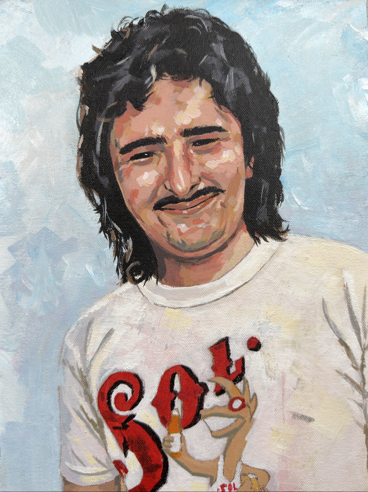 Painting, portrait of a man with a mustache in a white t-shirt