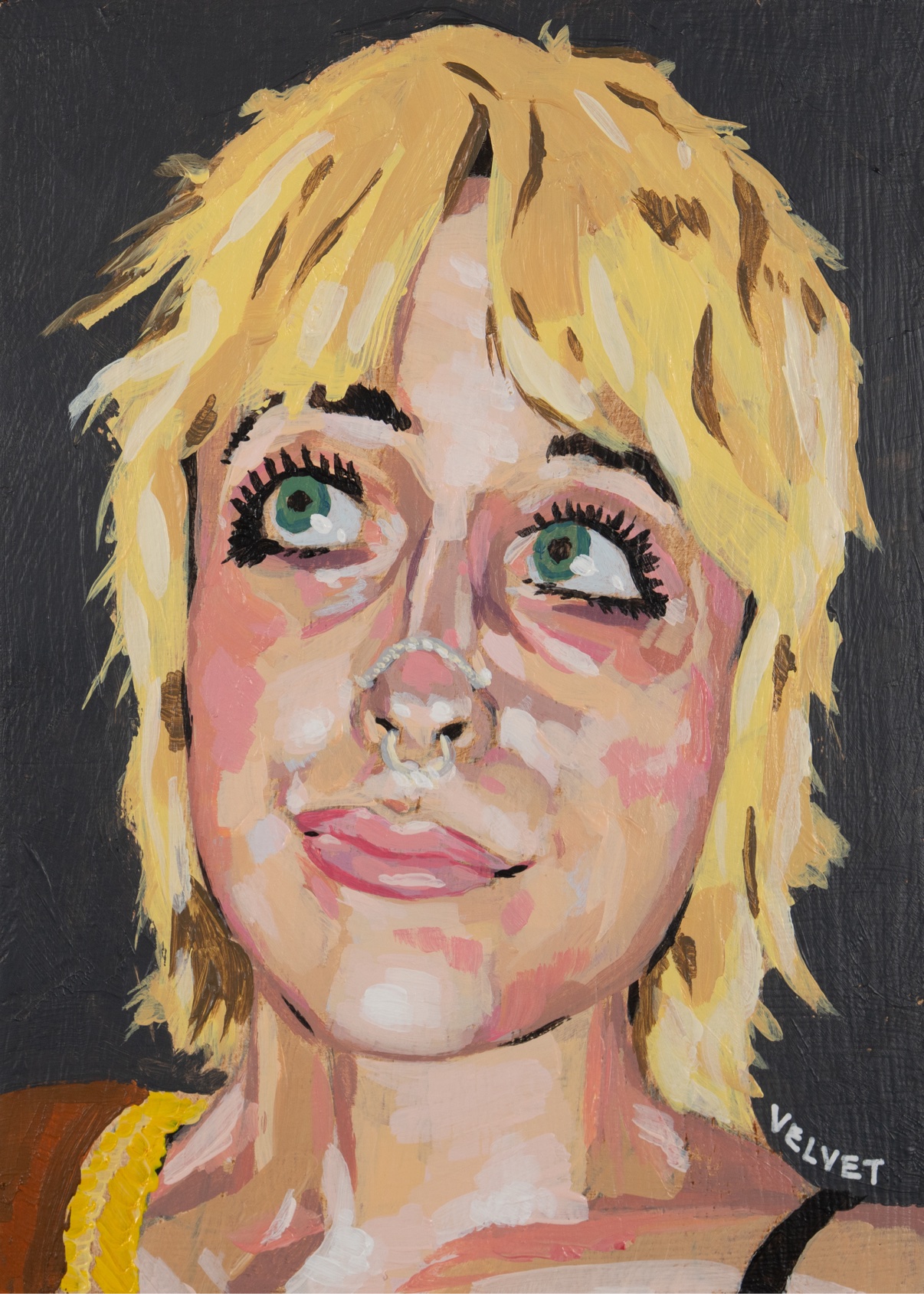 Painting, portrait of a blonde woman on a dark background