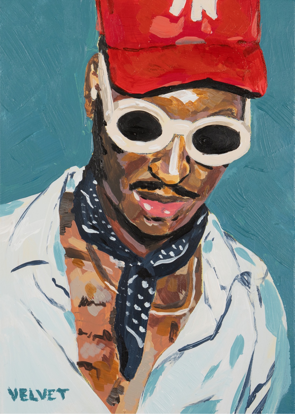 Painting, portrait of a man in a red cap and white sunglasses